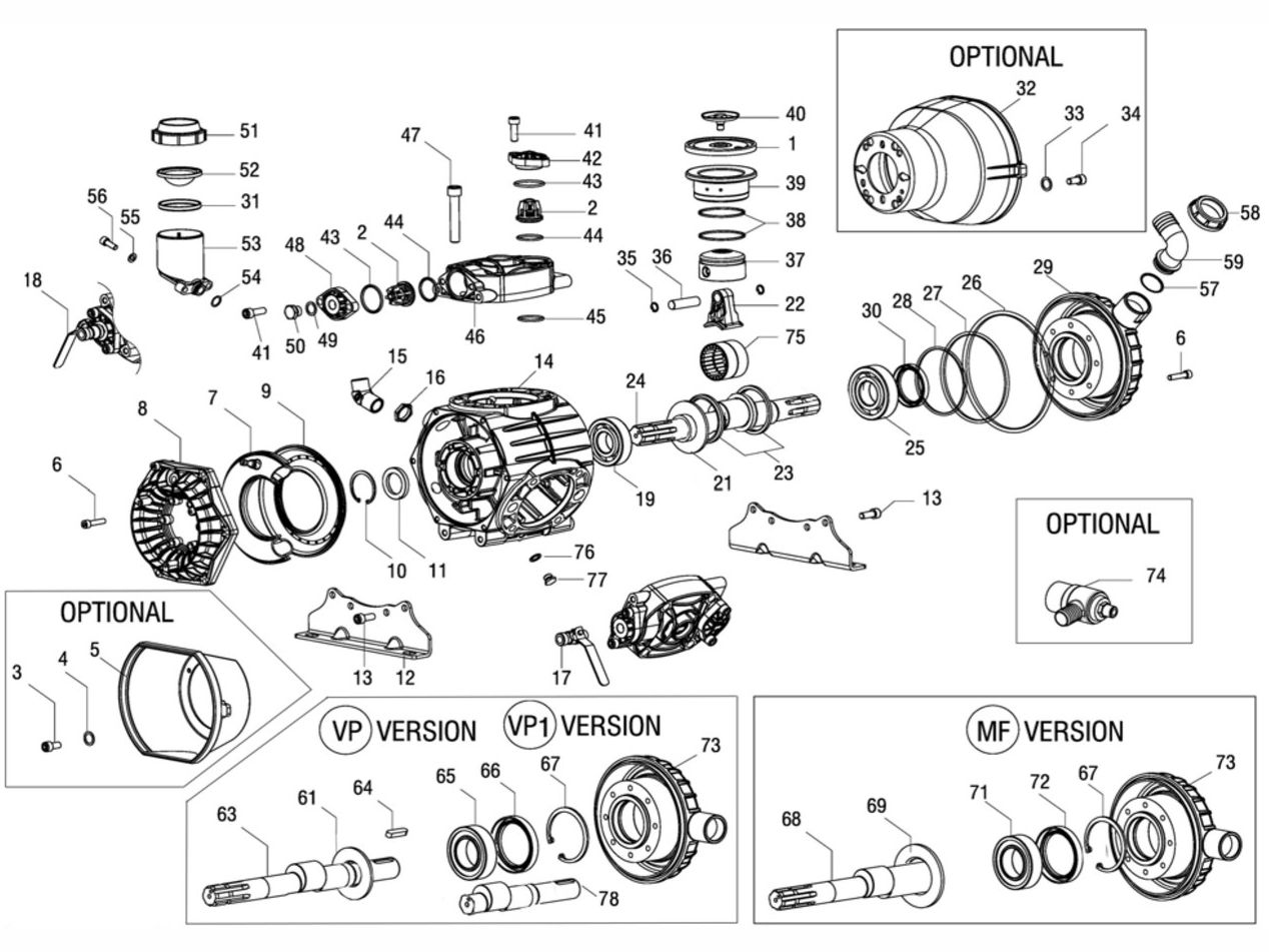 Rysunek techniczny w rozstrzeleniu (exploded view) pompy membranowej Bertolini PBO 1100 / PBO 1250 z ponumerowanymi częściami zamiennymi od 1 do 78, wraz z wariantami VD, VP, VP1 i MF